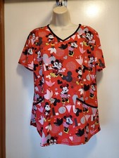 Disney Mickey And Minnie Mouse Red Scrub Top Size Medium Short Sleeve Pockets