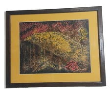 Vintage Mid Century watercolor painting Abstract Forest landscape Unsigned 32X26