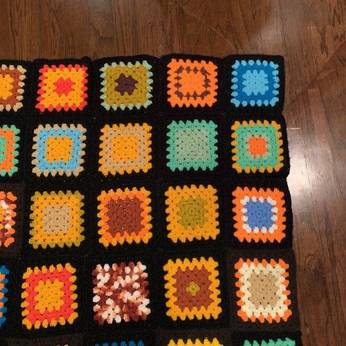 Vintage Granny Square Multicolor Black Bedspread Blanket 62x44 - Picture 8 of 24