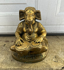 Brass Ganesha Seated Playing Drums Gold Tone Hindu Statue Figurine
