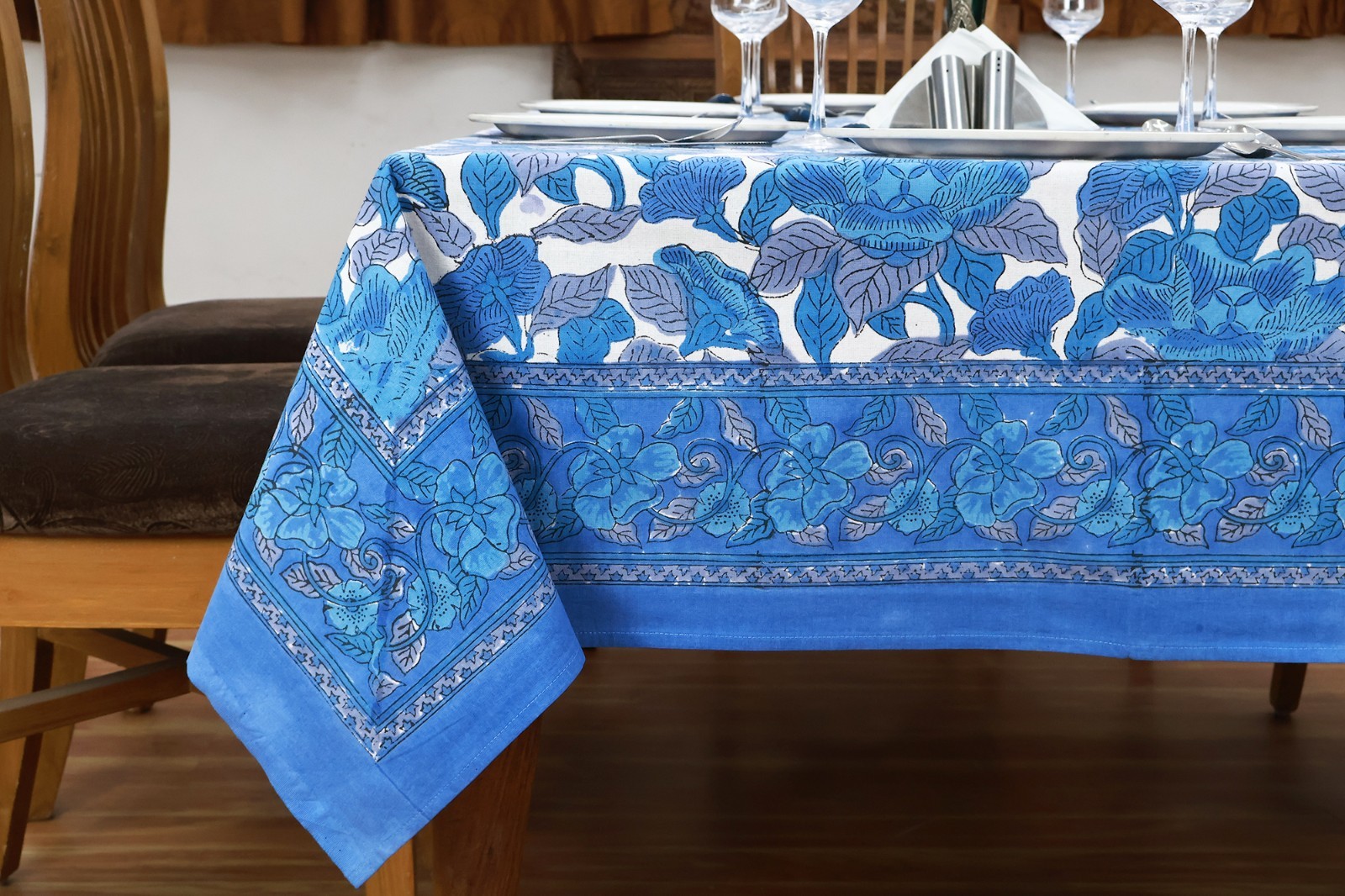 Blue Floral Indian Hand Block Cotton Tablecloth Rectangle