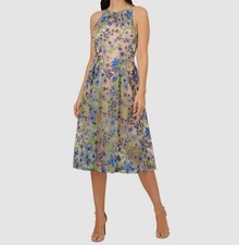 Adrianna Papell Women's Beige Floral Embroidered Fit & Flare Party Dress Size-10