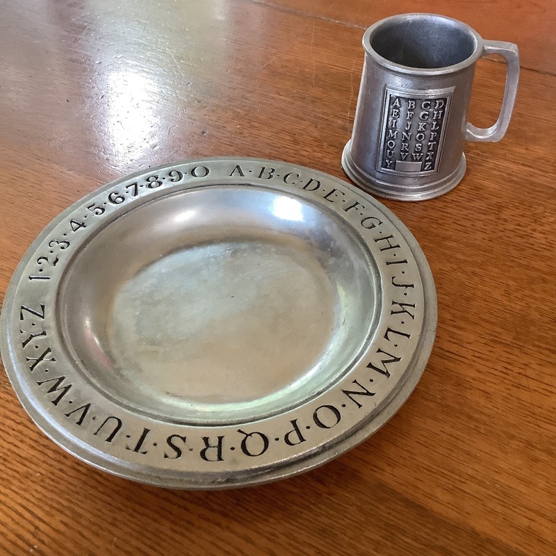 Vtg Stamped Wilton Armetale RWP Pewter Alphabet Bowl and Cup  Columbia PA