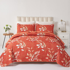 Burnt Orange King Size Floral Quilt Set 3-Piece Terracotta Leaf Bedding