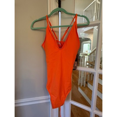 TA3 RL Plungey Neon Orange Lace Up Back One Piece Swimsuit XL Regular Long
