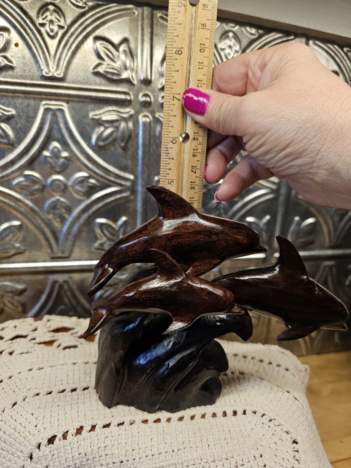 Trio Of Dolfins Riding A Wave, Ironwood Statue