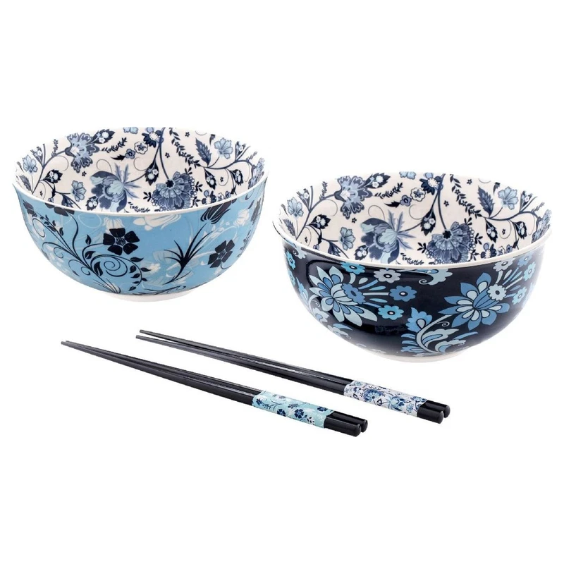 Set Ramen Kyoto 2 Ciotole e 2 Paia di Bacchette Evviva Blu Azzurro Ø 18 cm, fotografia 4 di 9