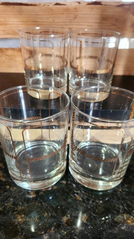 Vintage MCM Set of 4 George Briard Lowball Glasses Nuatical Knot Gold  Barware