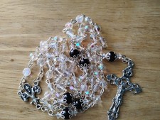 AB Crystal Black onyx Gemstone Rosary Beads Sterling silver French Fleur de lis