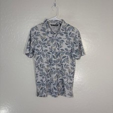 TravisMathew Polo Shirt Mens Small White Blue Leaf Print Golf Pima Cotton Blend
