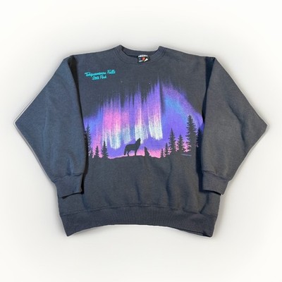 Vintage Habitat Tahquamenon Falls State Park Sweatshirt Northern Lights Wolf 90s