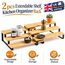 Expandable Bamboo 3-Tier Organiser Spice Rack Adjustable Cupboard Storage Shelf