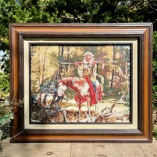 Vintage Needlepoint Indian Horse Art w/ Frame -"Nobble Quest"  Western/Nature