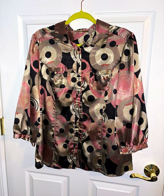 Notations Women s Button-Up Blouse Silk Pink Black Large Polyester
