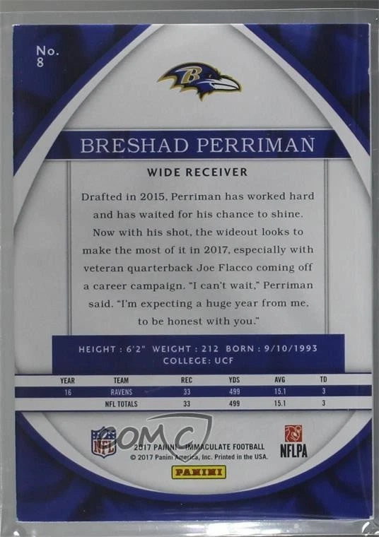 2017 Panini Immaculate /99 Breshad Perriman #8 - Image 2 of 2