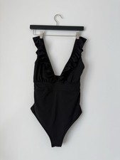 H M Black Ruffle One Piece Swimsuit Plunge V Neck Tummy Control Size M