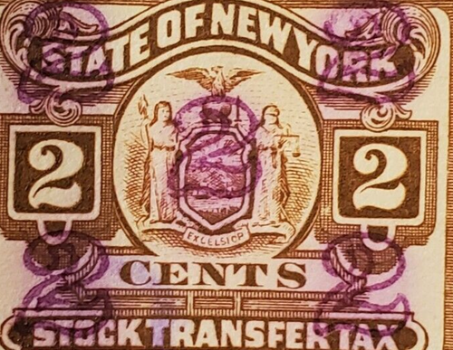 Stato di New York ~ timbro fiscale trasferimento stock ~ 2 ¢ timbro rettangolare marrone ~ c.1936 - Foto 4 di 6