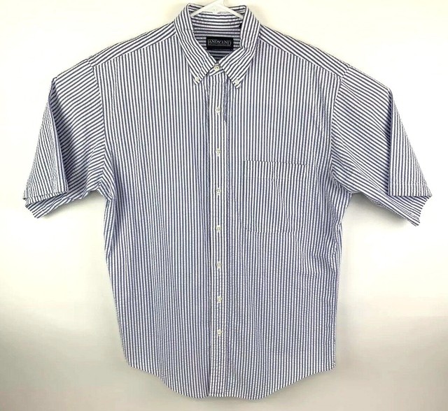 Lands End Mens LT 16 16.5 Camp Shirt Button Front SS Blue Striped