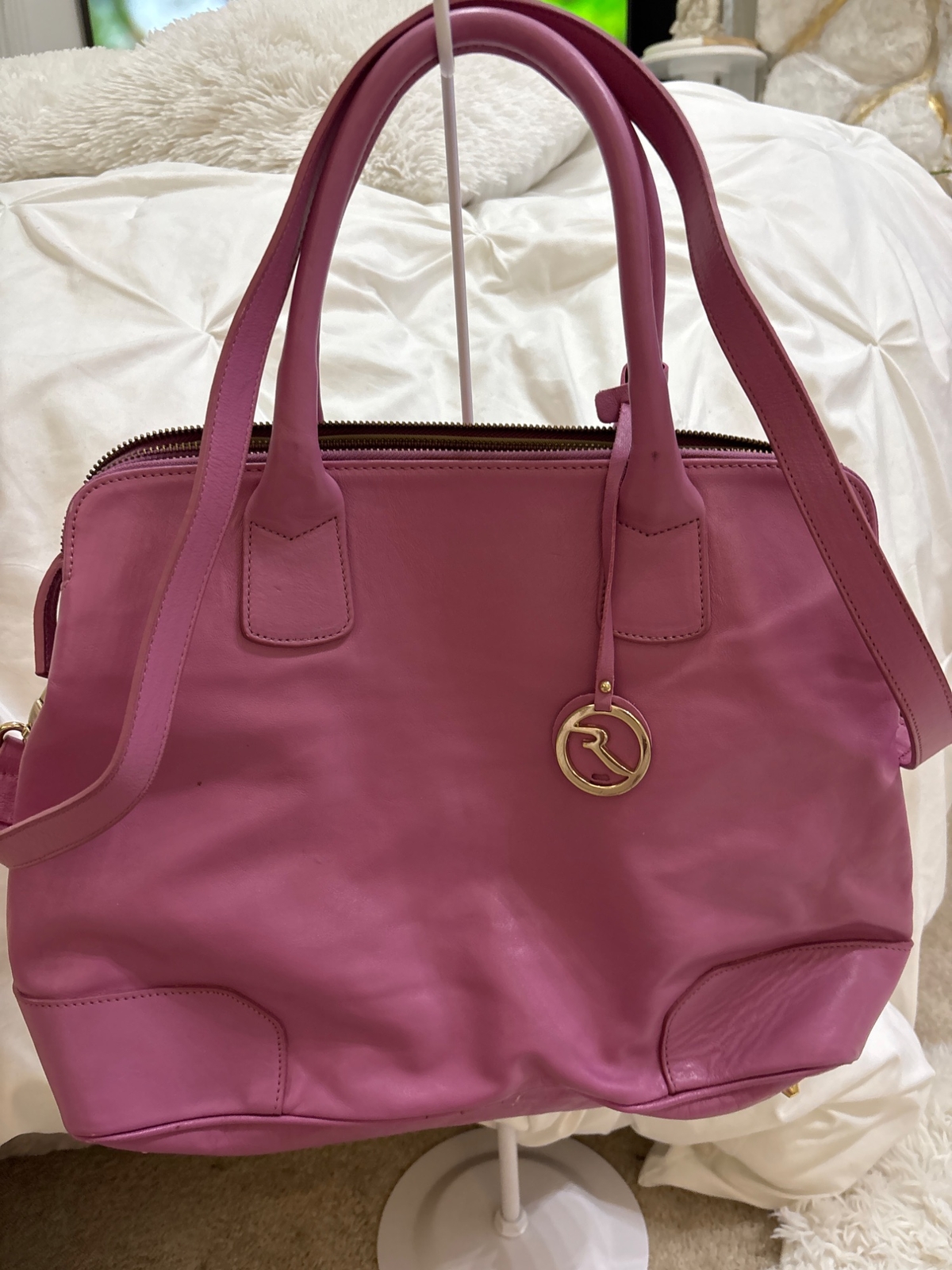 Pink Genuine Leather Tote Bag with Gold Charm & Multiple Compartments