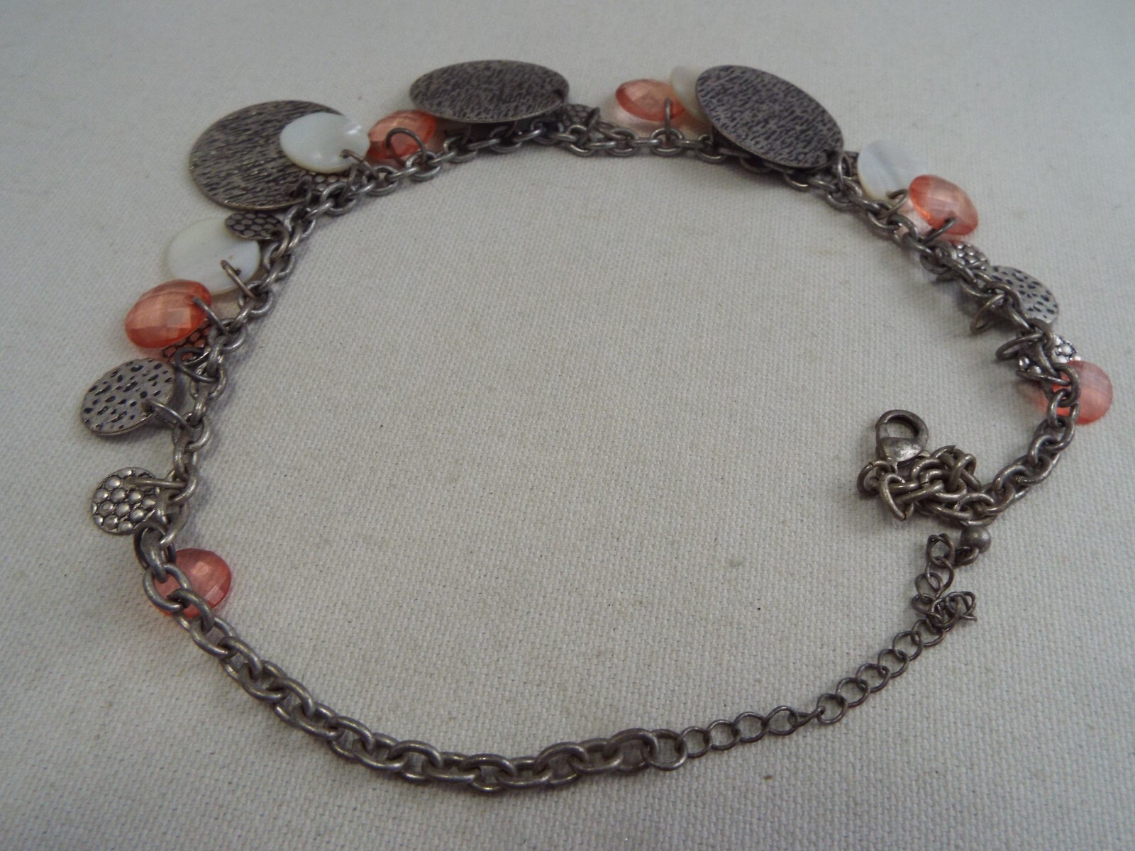 Silvertone White Shell Peach Bead Silvertone Disk… - image 2