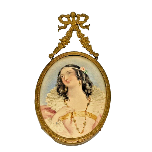 8” Ribbons and Bows Hanging Picture Frame Gilt Brass Bronze French Empire Convex