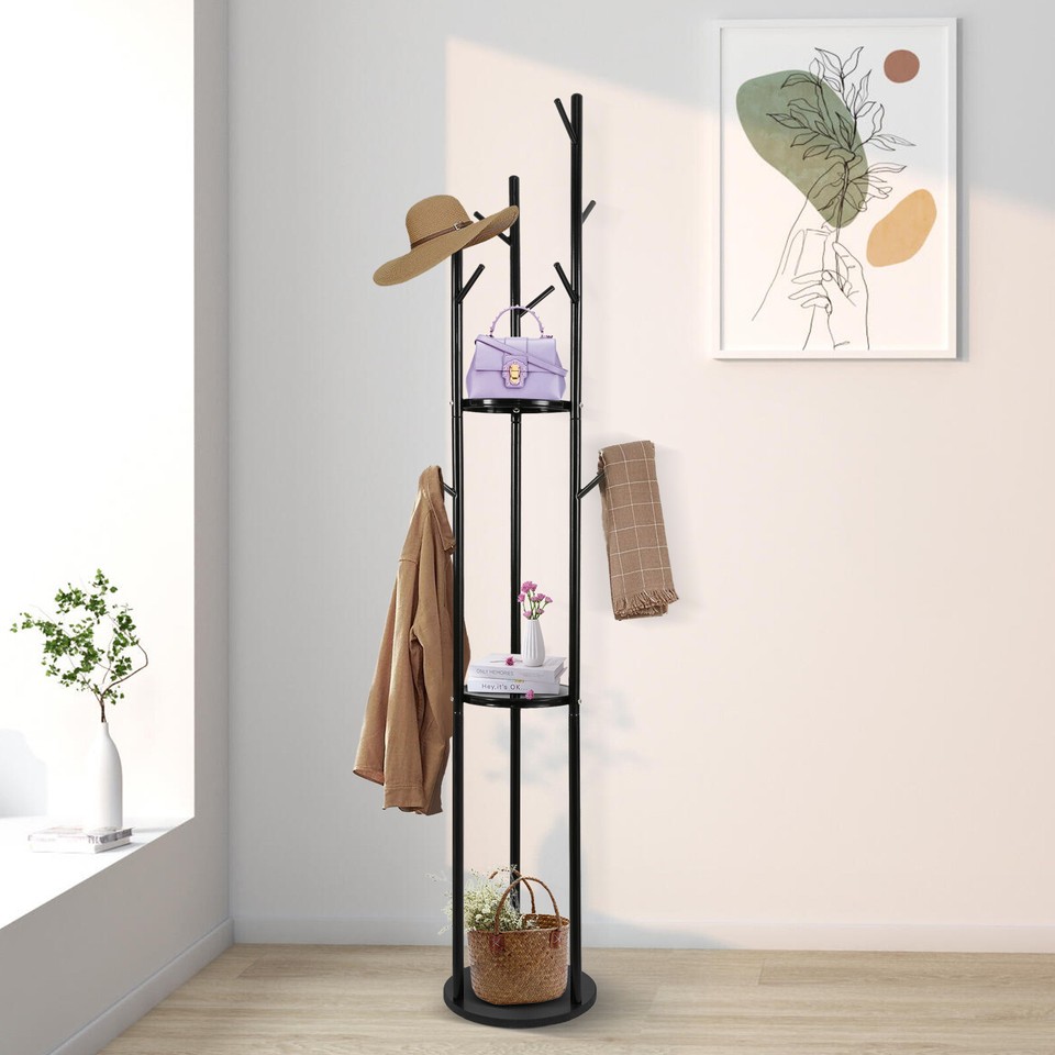 Wooden Coat Rack Stand Free Standing Tree Hanger Hall Coat Hat Rack