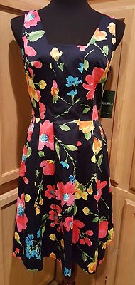 Ralph Lauren Navy-Multi Floral Sateen Cotton Fit & Flare Dress, 6R - $139 |  eBay