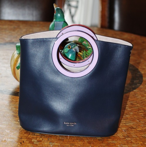 Kate Spade VINTAGE Colorblock BUCKET Tote NAVY LAVENDER WHITE BLUE CIRCLE HANDLE