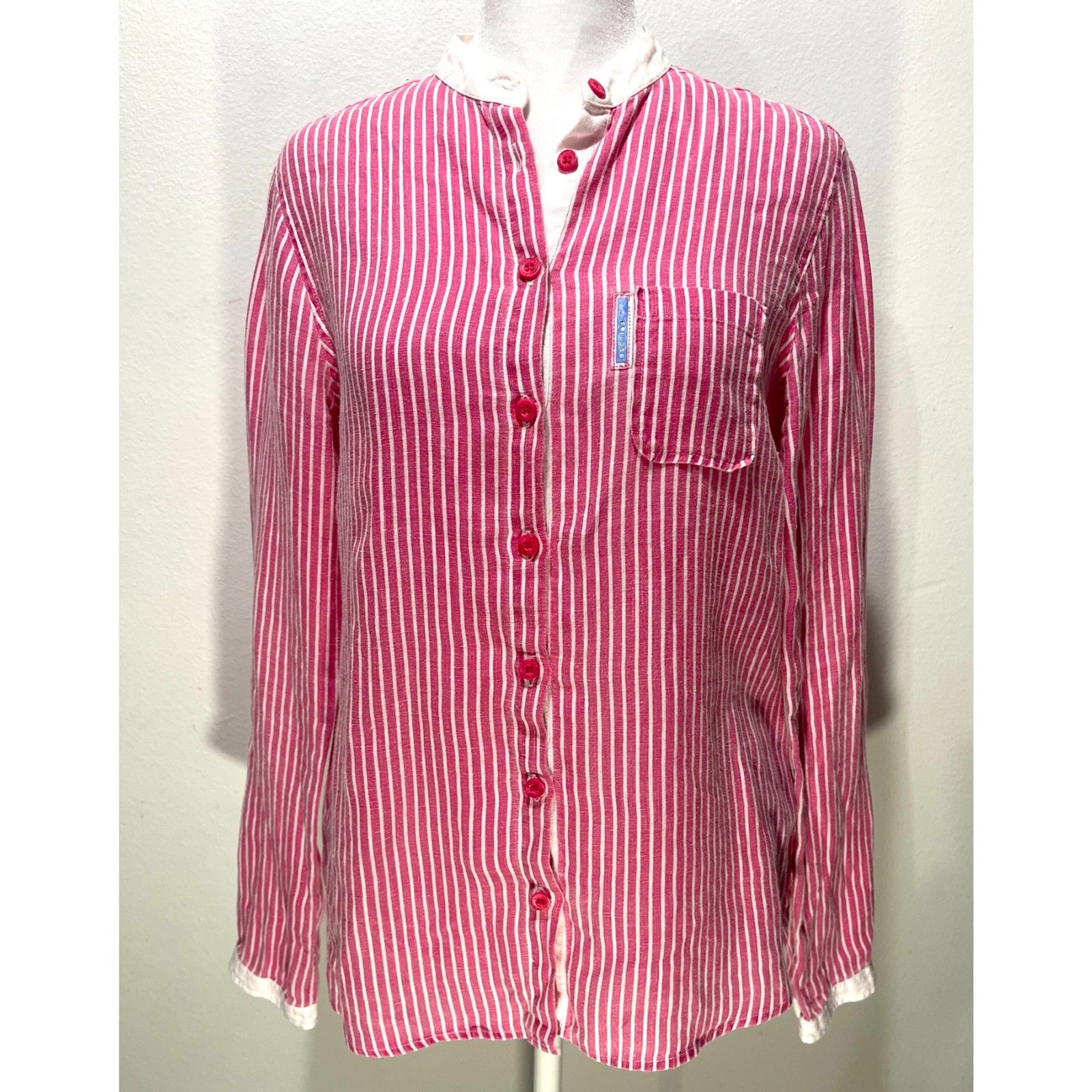 Paris Linen Button Down Shirt - Striped Pink Comfort Business Casual Top for Women