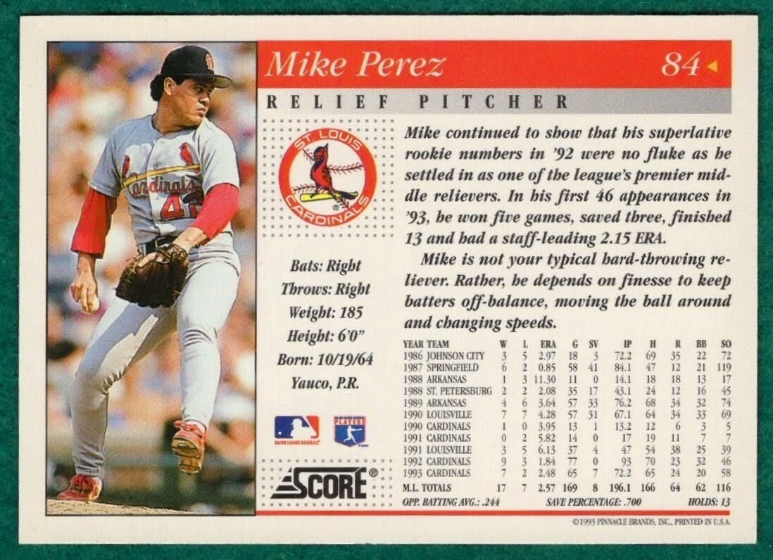 Mike Perez - 1994 Score #84 - St. Louis Cardinals Baseball Card | eBay