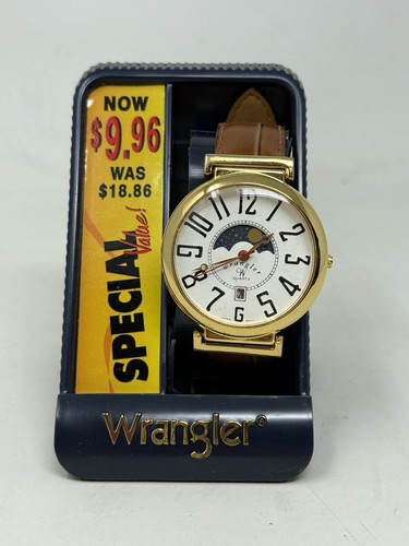 Vintage Wrangler Quartz Watch with Gold-Tone Dial Brown Leather Band
