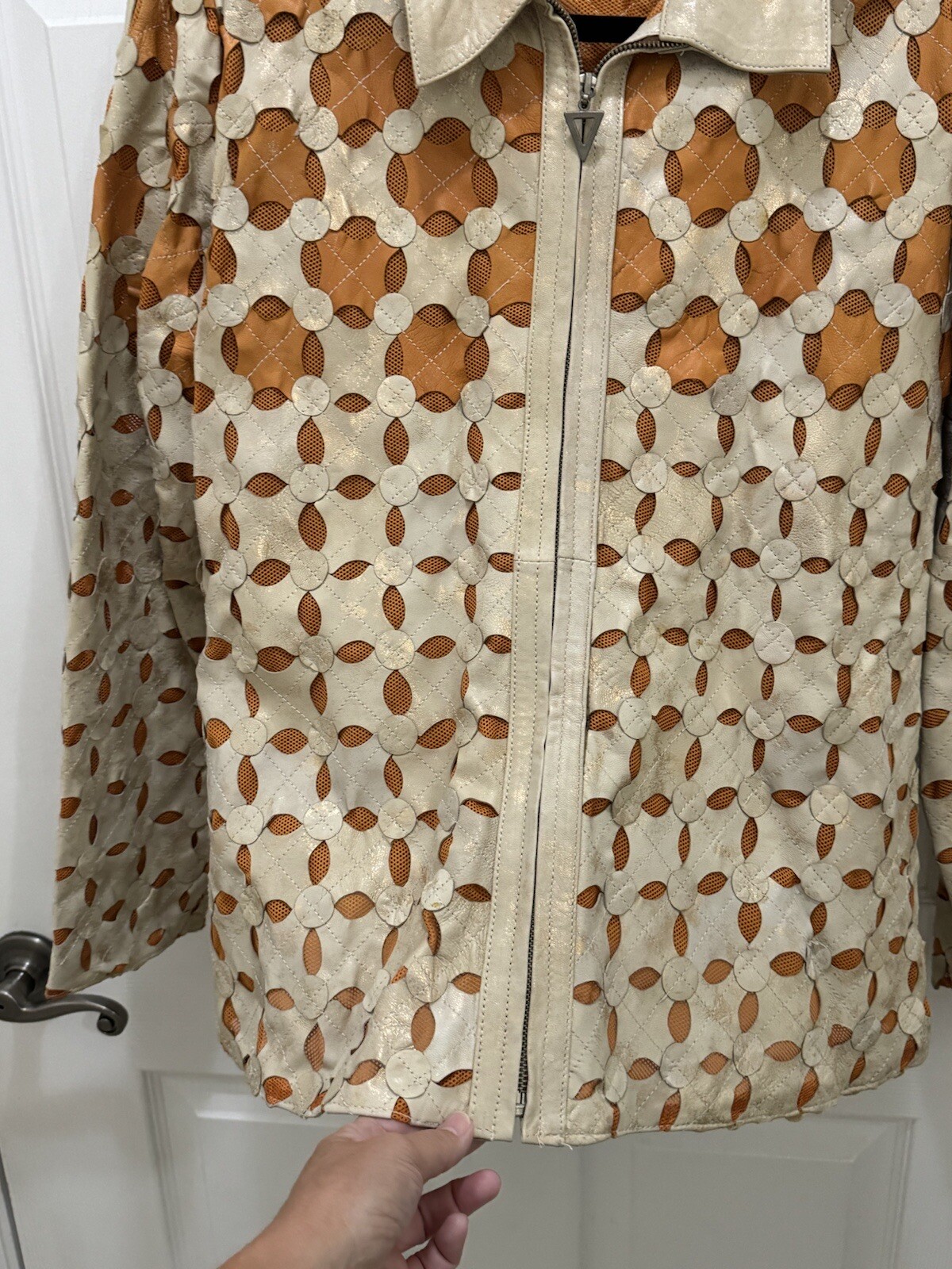 Vintage Leather And Mesh Jacket Patchwork  Beige … - image 4