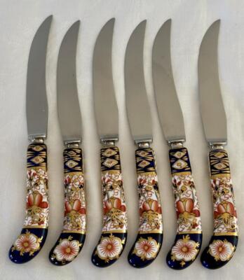 6 Pristine Royal Crown Derby Old Traditional Imari 2451 Fruit Knives 6 7/8'' Perf