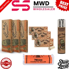 Zig-Zag 1 1/4 Unbleached Rolling Papers + 3 Tips + Clipper Lighter + 78mm Roller