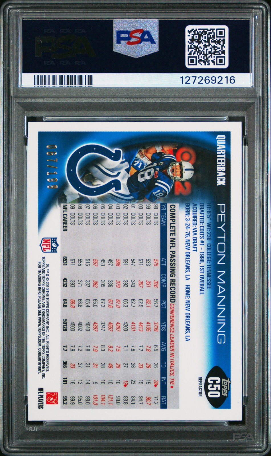 2010 TOPPS CHROME BLUE REFRACTOR #C50 PEYTON MANNING 67/199 PSA 9 view 2