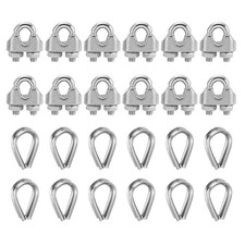 12Set 1/8 Inch M3 Wire Rope Cable Clip Clamps Small with Thimble, Silver