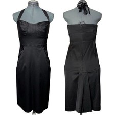 Donna Ricco Dress Women's Size 6 Black Halter Cocktail Satin Sheath Pleated Mini