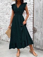 Women's Dark Green Ruched Waist Casual Maxi Dress