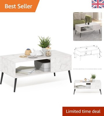 Eleganter 2-stufiger Couchtisch Marmor weiß mit Holzbeinen für Wohnzimmer