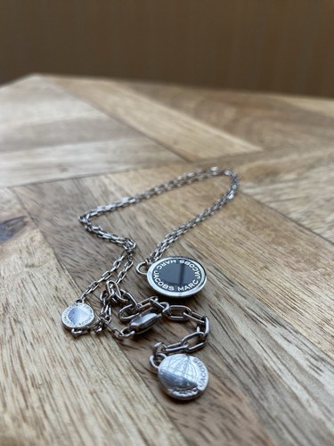 Marc Jacobs Pendant Necklace - Silver Tone Black Enamel Logo Disc Pendant Chain - Picture 13 of 13