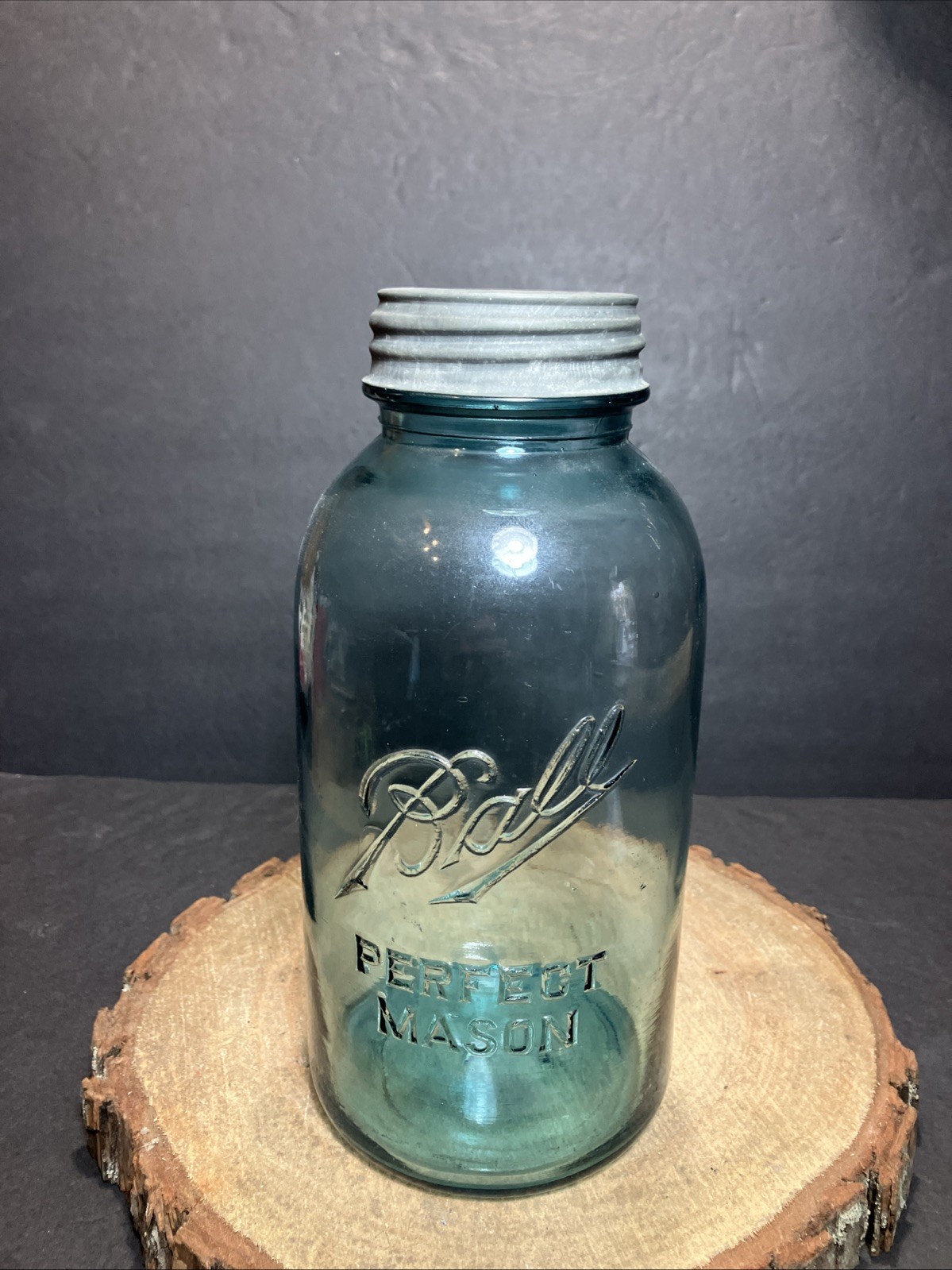 Antique 1915-1923 BALL PERFECT MASON BLUE HALF GALLON Canning Jar-Mold #7  W/lid