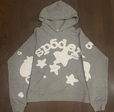 sp5der Gray White Graphic Print Fleece Hoodie Pullover Men's Size M