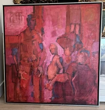 Barry Brent Original Abstract Figurative Painting Red Modernist Art 41x43 Framed