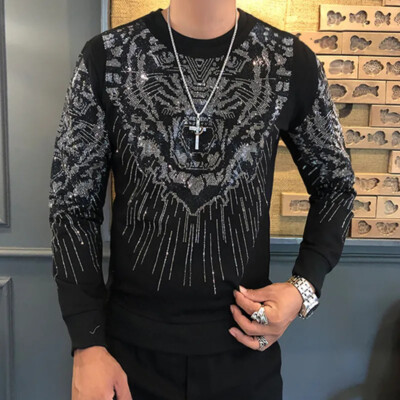 New Men Luxury Diamond Tiger Rhinestones Fashion Black Pullover High Quality