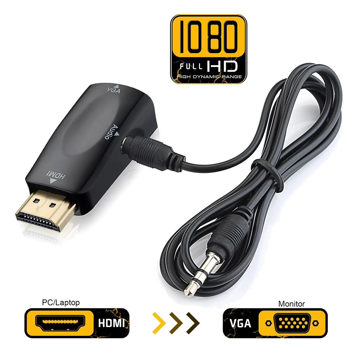 HDMI to VGA Adapter Video Audio with AUX 3.5mm Connector Cable 1080P | eBay