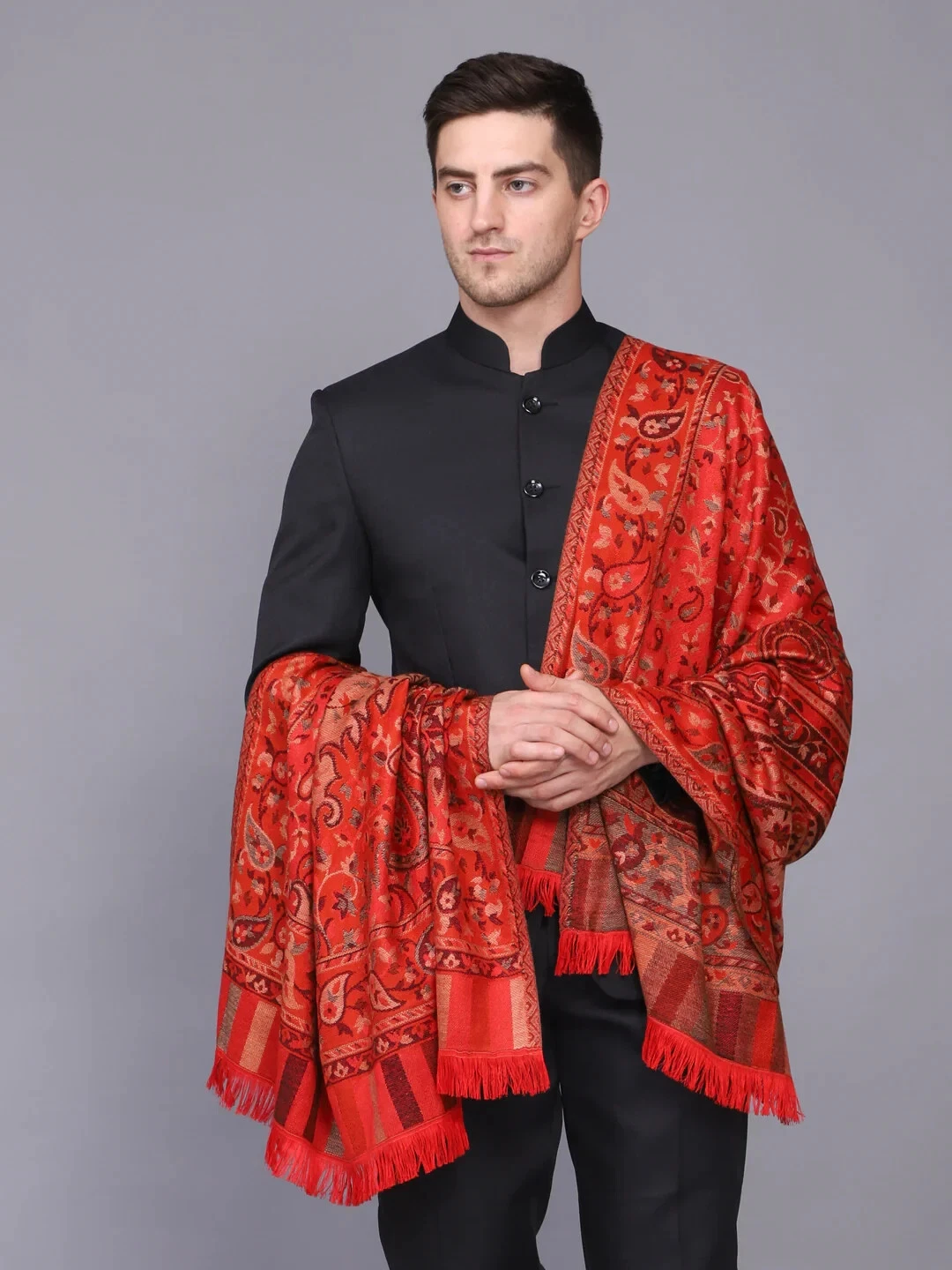 New Kalamkari Paisley Wool Jamavar Shawl Jacquard Pashmina Stole Reversible Wrap