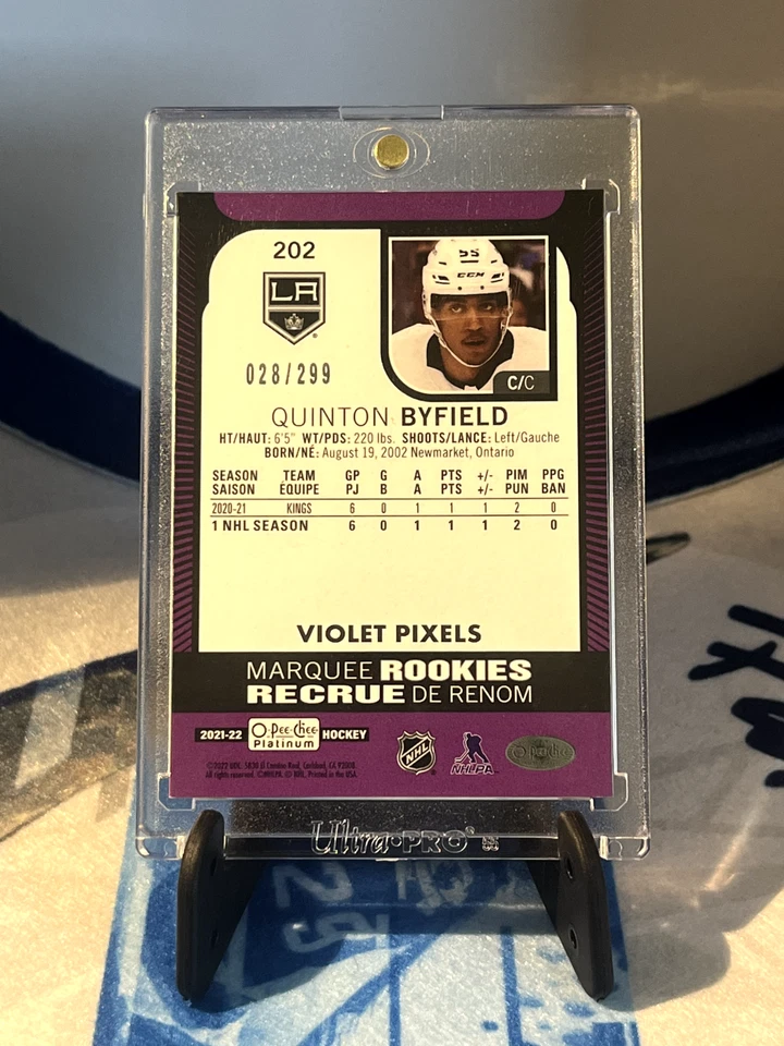 2021-22 OPC Platinum Violet Pixels Quinton Byfield Marquee Rookies RC 28/299 - Image 2 of 2