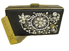 Nicole Miller Rhinestone Evening Clutch/minaudiere Black Applique "lexi", Nwt