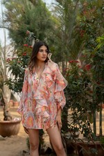Multicolor Satin Georgette Mini Dress Women’s Ruffled Long Sleeve All Sizes Gift