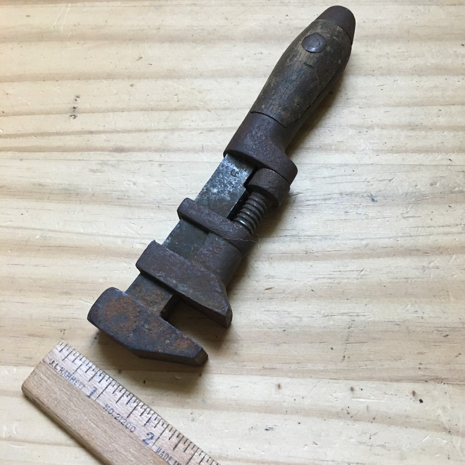 Vintage Straight Jaw Monkey Wrench Wood Handle by Worth Tool Co. USA 6.